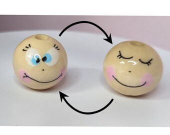 Set of 3, hand-painted wooden beads with two faces, happy and sleeping