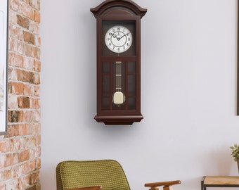 Pendulum Wall Clock - Quartz Wood Pendulum Clock, Battery Operated - Silent, Large Dark Wooden Design, Decorative Wall Clock for Living Room