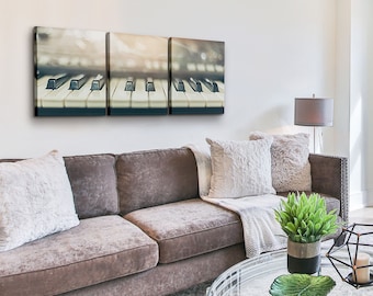Music Wall Art Decor - Piano Keyboard Canvas Art 20x48 - Decorative, Multi Panel Pictures - Modern 3 Piece Musical Notes Theme Poster Set