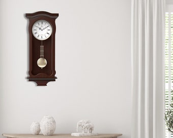 Pendulum Wall Clock Battery Operated - Silent Quartz Wood Pendulum Clock - Dark Wooden Decorative Wall Clock Pendulum, for Living Room