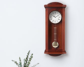 Pendulum Wall Clock, Silent Decorative Wood Clock with Swinging Pendulum, Battery Operated, Large Red Wooden Design, for Living Room