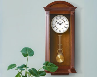 Pendulum Wall Clock, Silent Decorative Wood Clock with Swinging Pendulum, Battery Operated, Large Elegant Wooden Design, for Living Room