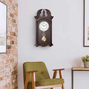 Pendulum Wall Clock, Silent Decorative Wood Pendulum Clock with Swinging Pendulum, Battery Operated, Dark Wooden Design, for Living Room