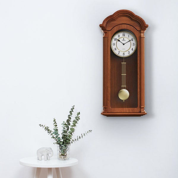 Pendulum Wall Clock, Silent Decorative Wood Clock with Swinging Pendulum, Battery Operated, Large Carved Wooden Design, for Living Room