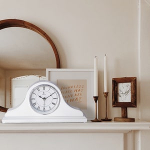 Mantel Clock, White Wooden Mantle Clock for Living Room Décor - Silent, Decorative, Solid Wood, Battery Operated Mantle Clock