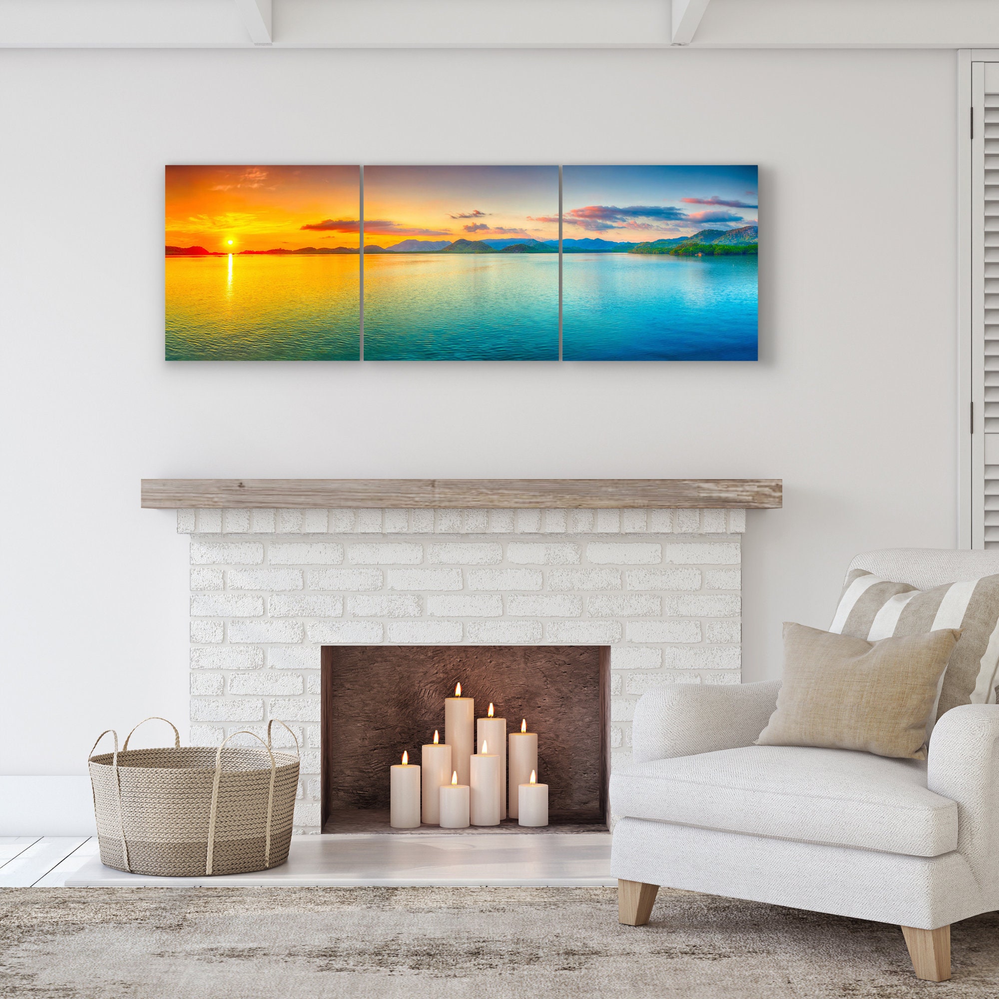 Split Canvas Wall Art Decor - Large Panoramic Sunset Ocean Wall Art, 3  Panels Hanging Canvas Art Set - Decorative Wall Art Prints for Living Room,  Bedroom, Office, Home Decor, Gift, 24x72