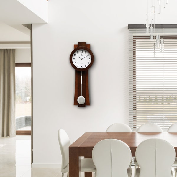 Pendulum Wall Clock Battery Operated - Quartz Wood Pendulum Clock - Silent, Modern Wooden Design, Decorative Wall Clock for Living Room