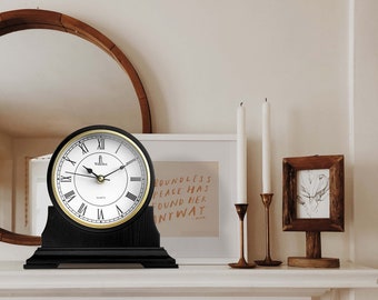 Mantel Clock, Silent Decorative Black Wood Mantle Clock Battery Operated, Wooden Design for Living Room, Fireplace, Office, Kitchen & Desk