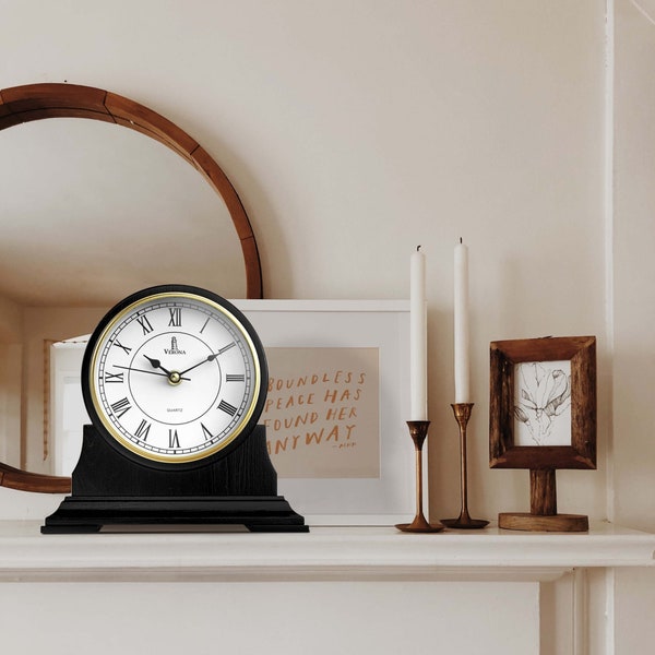 Mantel Clock, Silent Decorative Black Wood Mantle Clock Battery Operated, Wooden Design for Living Room, Fireplace, Office, Kitchen & Desk