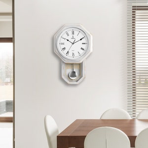 White Pendulum Wall Clock - Rustic Wooden Farmhouse Wall Clock - Regulator Clock Battery Operated - Wood Pendulum Clock - Decorative Clocks