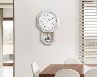 White Pendulum Wall Clock - Rustic Wooden Farmhouse Wall Clock - Regulator Clock Battery Operated - Wood Pendulum Clock - Decorative Clocks