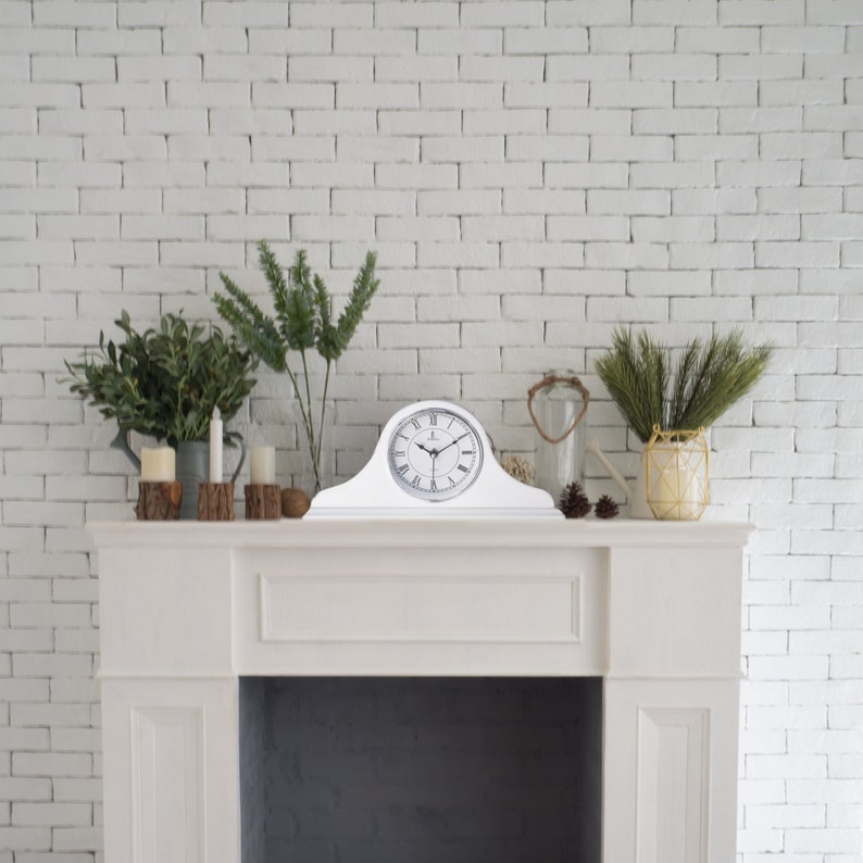 Mantel Clock, White Wooden Mantle Clock for Living Room Décor Silent