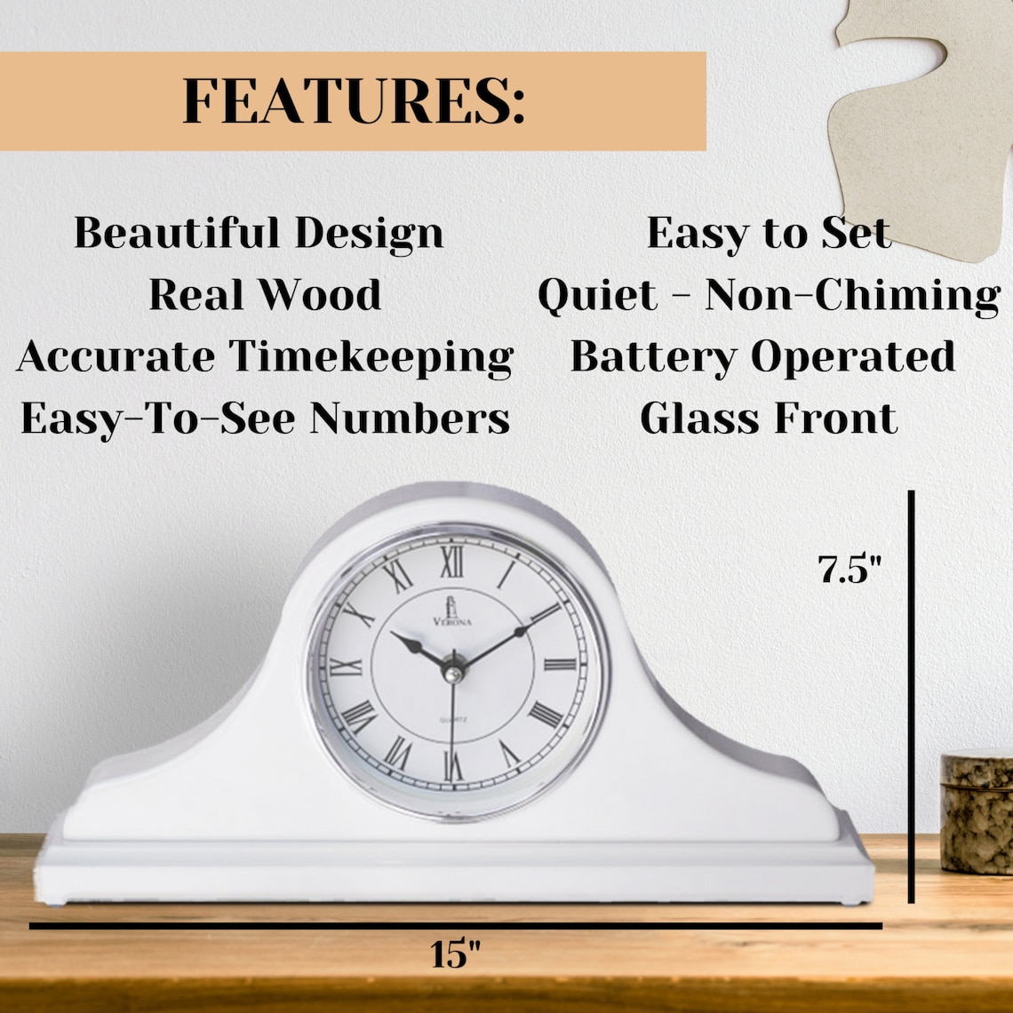 Mantel Clock, White Wooden Mantle Clock for Living Room Décor Silent