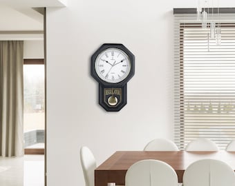 Black Pendulum Wall Clock Battery Operated - Regulator Clock - Wooden Schoolhouse Wall Clock with Pendulum - Wood Pendulum Clock