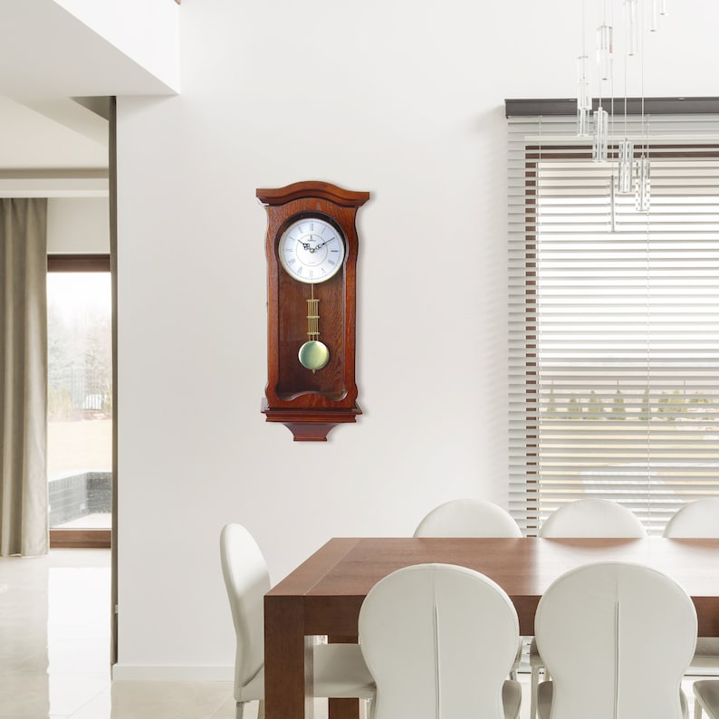 Pendulum Wall Clock Battery Operated Silent Quartz Wood Pendulum Clock Dark Wooden Decorative