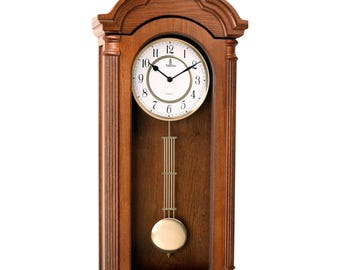 Pendulum Wall Clock, Silent Decorative Wood Clock with Swinging Pendulum, Battery Operated, Large Carved Wooden Design, for Living Room