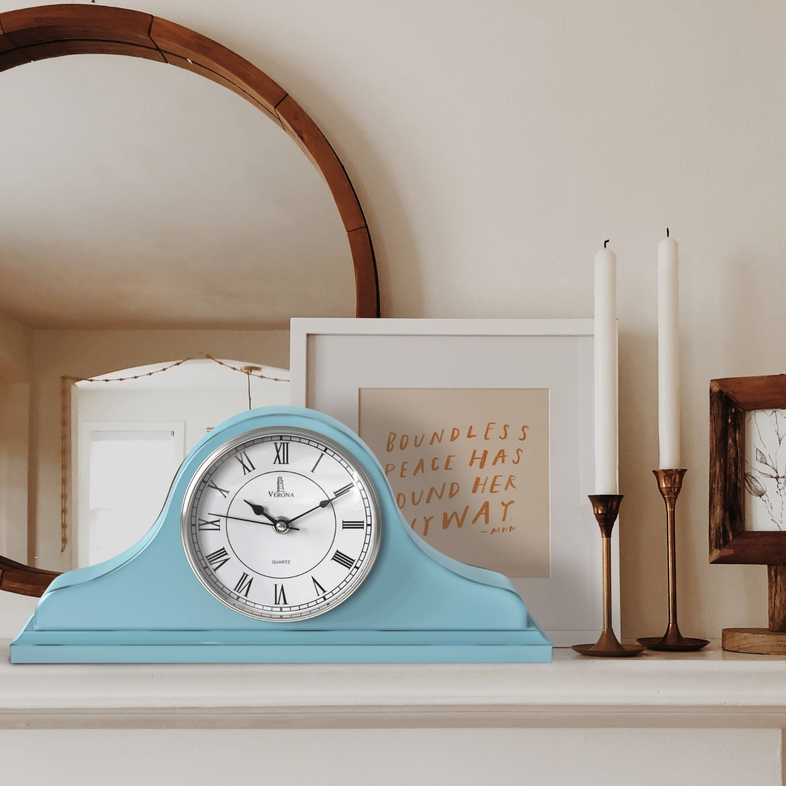 Mantel Clock Battery Operated - Wooden, Rustic Teal Mantle Clock for Living Room Decor Above ...