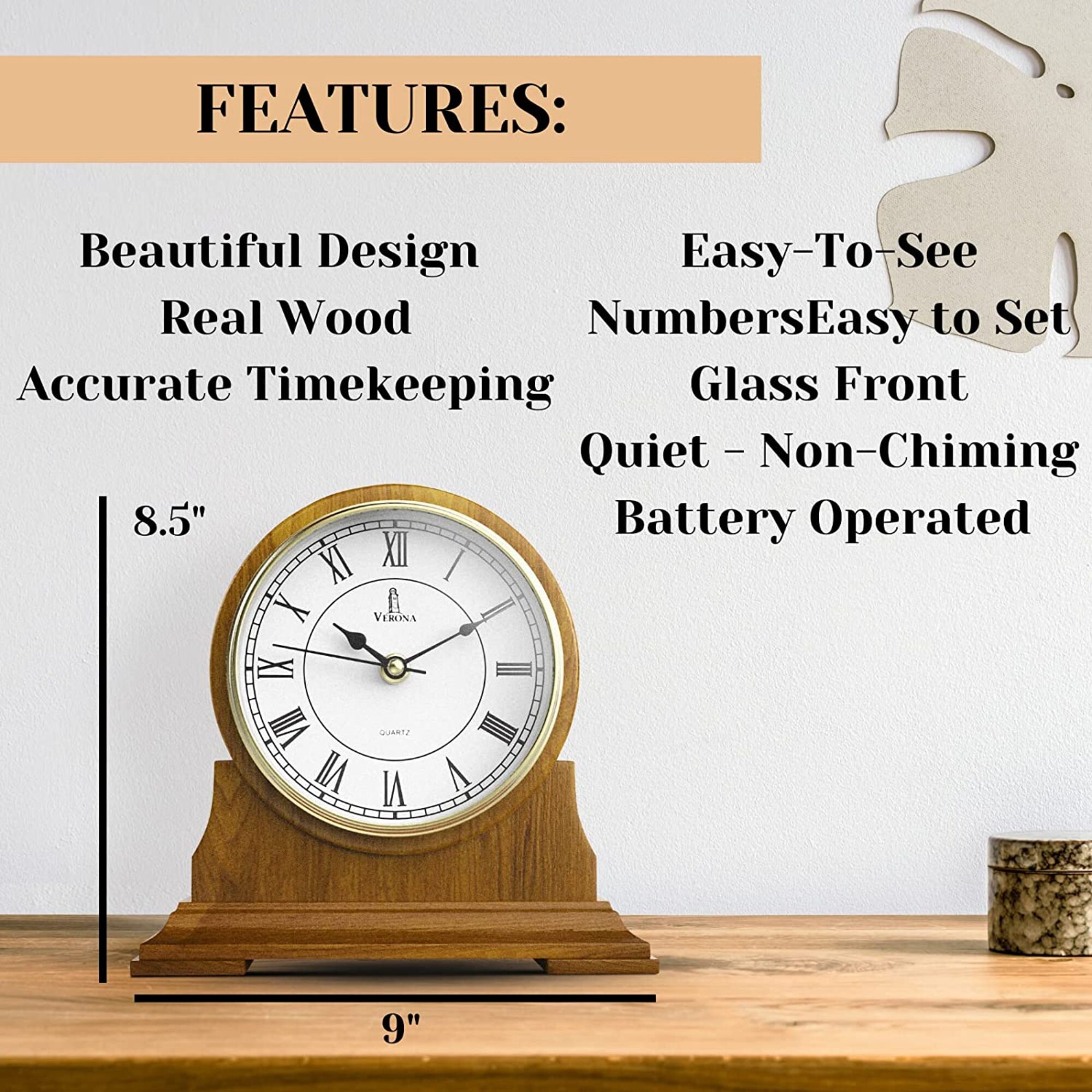Mantel Clock, Silent Decorative Wood Mantle Clock Battery Operated