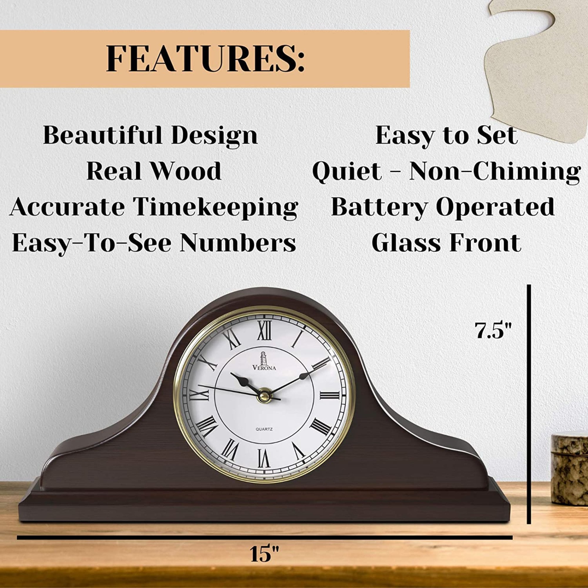 Mantle Clock, Wooden Mantel Clock for Living Room Décor Silent, Wood