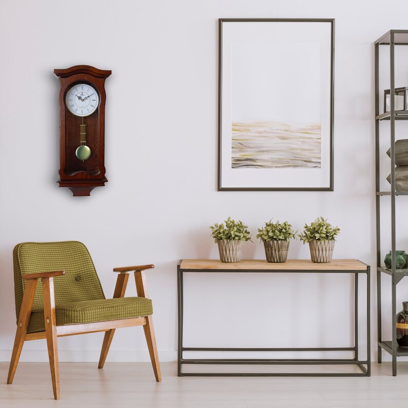 Pendulum Wall Clock Battery Operated Silent Quartz Wood Pendulum Clock Dark Wooden Decorative