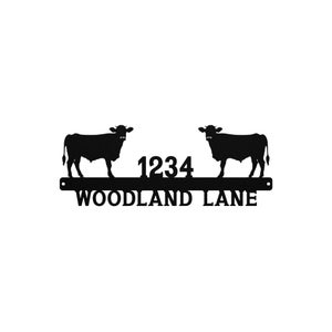 Customizable Metal Address Sign with Two Cow Silhouettes — Personalized Farmhouse Address Plaque, Rustic Ranch Decor, Outdoor Metal Sign