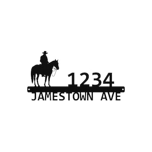 Customizable Metal Address Sign with Cowboy on Horse Silhouette — Personalized Street Number & Name, Western Ranch Decor
