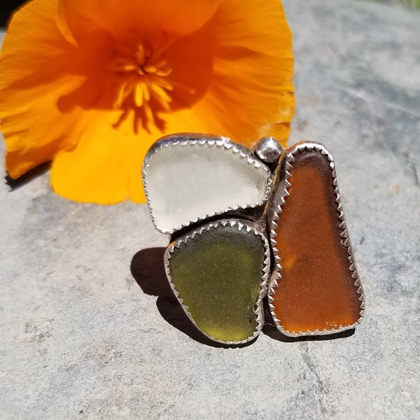 Tricolor Sea Glass ring in sterling silver. Sea glass from Glass Beach Fort Bragg, CA. A unique statement piece for the eclectic type. 9 1/4