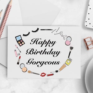 Feliz cumpleaños hermosa tarjeta, tarjeta de maquillaje