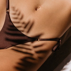 May include: A close-up of a person's torso wearing a brown bikini bottom. The bikini bottom has a tie at the side and a gold ring detail. The person is lying on their side, and the light casts a shadow of a leafy plant on their skin.