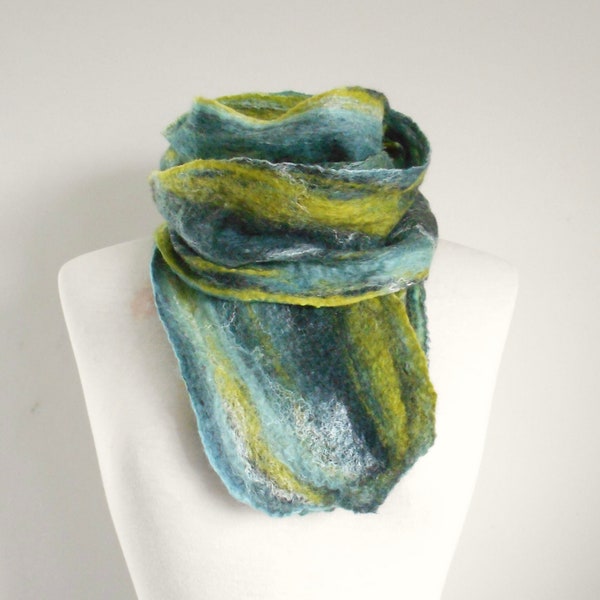 Felt scarf Felted merino wool and silk scarf 'Storm' Long slim scarf forms a collar Duck Egg blue Grey Pistachio Green Gift her Birthday