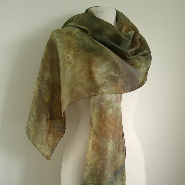 Silk scarf Hand painted long large silk shoulder wrap 'Khaki' Dark sludgy Olive Green Bronze Silk Headscarf Wedding wrap Birthday Gift her