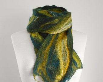 Felt scarf Felted scarf Felted wool scarf 'Forest' Long slim scarf Gifts for her Olive Green Mustard Teal scarf  Scarf Winter gift