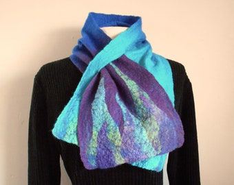 Felt scarf Wool & Silk Nuno felted scarf Neck collar Turquoise Blue Purple and Green neck warmer 'Winter Peacock' Unique gift her Birthday