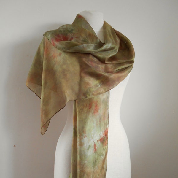 Silk scarf Hand painted long large silk shoulder wrap 'Khaki' Dark sludgy Olive Green Bronze Silk Headscarf Wedding wrap Birthday Gift her