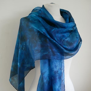 Silk scarf Large Long Hand painted silk scarf Blue silk scarf Gift for her Dark blue silk wrap &#39;Ocean Blue&#39;  Habotai Silk Wedding wrap
