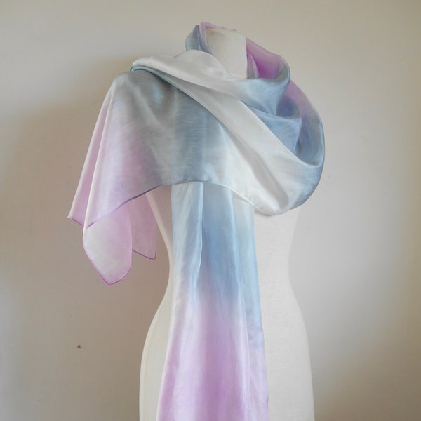 Long silk scarf Large Hand painted ombre Lilac mauve Silver Platinum white silk scarf 'Lilac' Silk headscarf Wedding wrap Birthday gift her