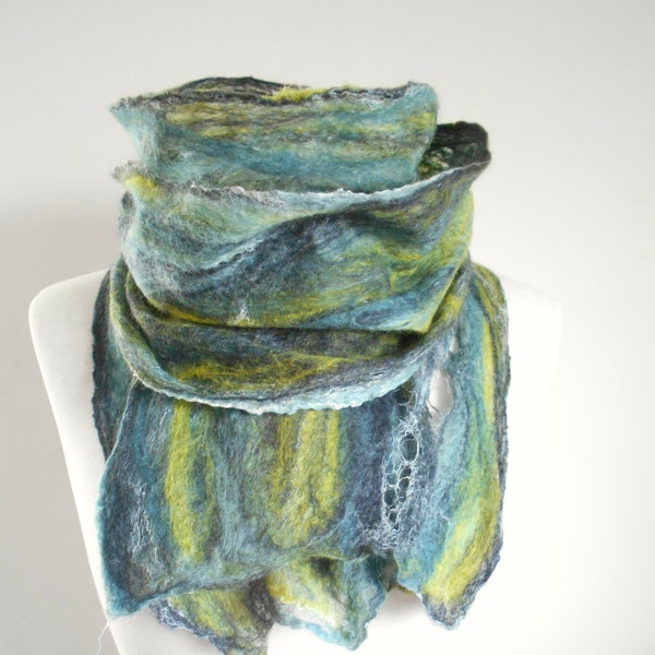 COBWEB Felt scarf Long featherweight scarf Felted Merino wool and silk 'Storm' Dark Grey Duck Egg Bright Fresh green scarf Gift Birthday her