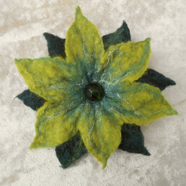 Felt flower brooch Felted merino wool silk fibres Pistachio green and grey brooch 'Storm' Birthday gift her Wedding brooch Mothers Day gift