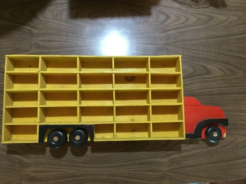 Adorable vintage wooden truck shelving unit,hot wheels display cabinet