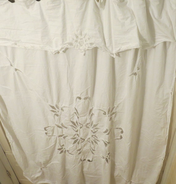 Lovely White Cotton Shower Curtain With Valance And Battenburg Etsy