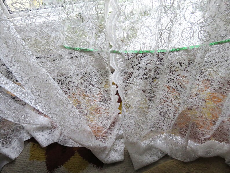 shabby chic Beautiful set of white vintage net lace curtains elegant leaf design and so soft to the touch- each 54 x 80 romantic