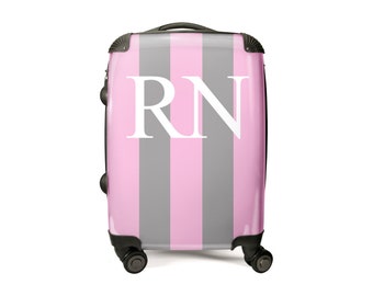 Personalized Pink & Grey Stripe Initial Luggage | Carry-On Luggage | Stripe Suitcase | Custom Luggage | Personalized Luggage I Suitcase