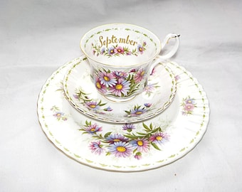 Taza, platillo y plato de ensalada Royal Albert MICHAELMAS DAISY, Flor del mes de septiembre