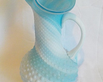 Vintage Fenton Glass Powder Blue Slag Glass Hobnail Pitcher with Ruffled Rim 8" Tall