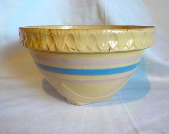 Vintage McCoy Pottery Yellow Ware Mixing Bowl Pink Blue Bands 8 1/2"