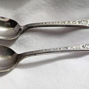 Puede incluir: Dos cucharas de plata con diseños florales ornamentados en los mangos. Las cucharas están colocadas una al lado de la otra, mostrando sus superficies pulidas y reflectantes. Las cucharas son probablemente para servir o comer.