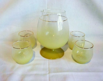 Vintage Yellow Blendo 24oz Snifter Pitcher & 4 Roly Poly Glasses West Virginia