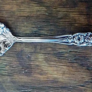 Puede incluir: Una cuchara de servir plateada con un diseño floral. La cuchara tiene un cuenco ancho y festoneado y un mango largo con intrincados detalles florales. El mango y el cuenco están adornados con patrones florales en relieve. La cuchara es de metal brillante y reflectante.