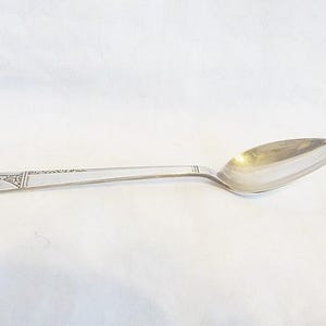 May include: A silver spoon with a long handle and a rounded bowl. The handle has a decorative design near the top. The spoon is set against a white background.