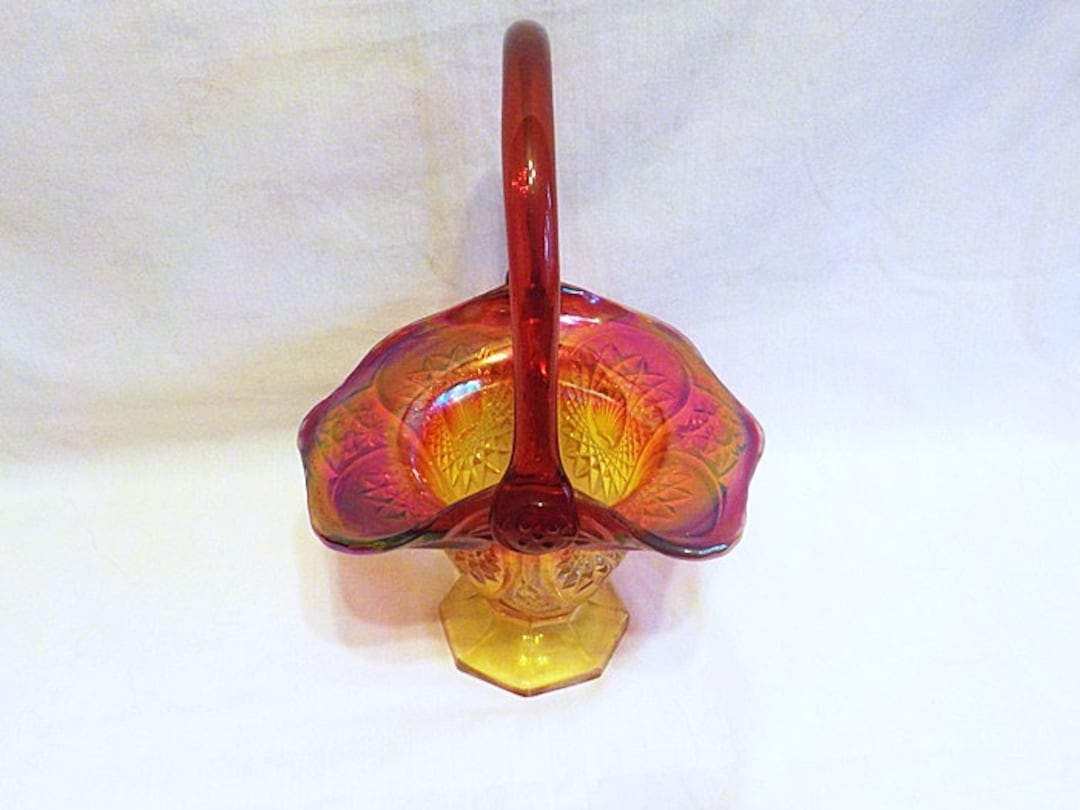 Vintage Indiana Carnival Glass Amberina Glass Basket Starburst Shell 10 ...